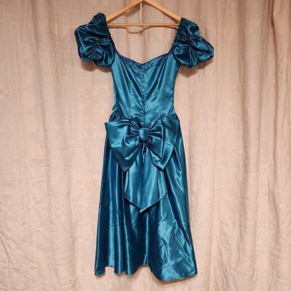 👗 Vtg 1988 Teal Satin Puff Sleeve Bow Prom Dress XS 👗 - Picture 3 of 9